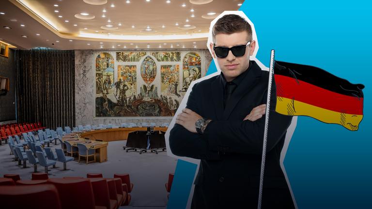Saal des UN-Sicherheitsrates, Sicherheitsmann in schwarzem Anzug und Deutschland-Flagge