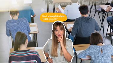 Collage: Eine Frau, ein gelber Hintergrund-Shape, auf dem steht "Sind unangekündigte Tests sinnvoll?", dahinter ein Foto von Schülern in der Schule beim Testschreiben.