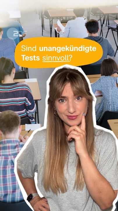 Collage: Eine Frau, ein gelber Hintergrund-Shape, auf dem steht "Sind unangekündigte Tests sinnvoll?", dahinter ein Foto von Schülern in der Schule beim Testschreiben.
