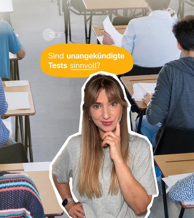 Collage: Eine Frau, ein gelber Hintergrund-Shape, auf dem steht "Sind unangekündigte Tests sinnvoll?", dahinter ein Foto von Schülern in der Schule beim Testschreiben.