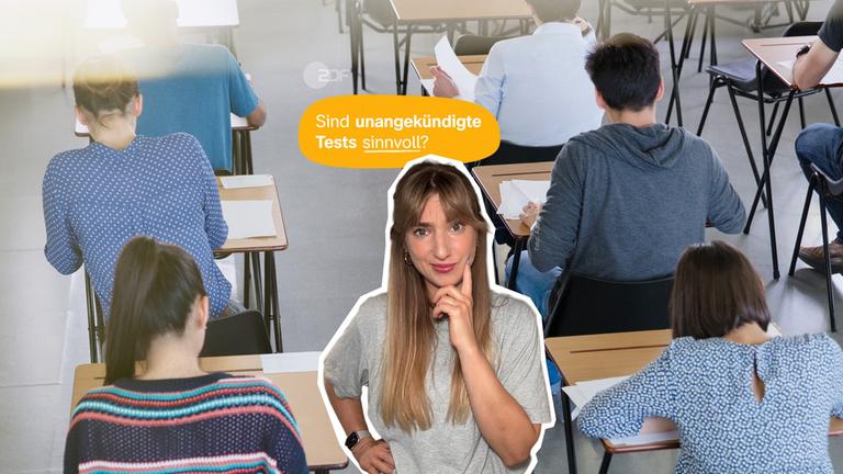 Collage: Eine Frau, ein gelber Hintergrund-Shape, auf dem steht "Sind unangekündigte Tests sinnvoll?", dahinter ein Foto von Schülern in der Schule beim Testschreiben.