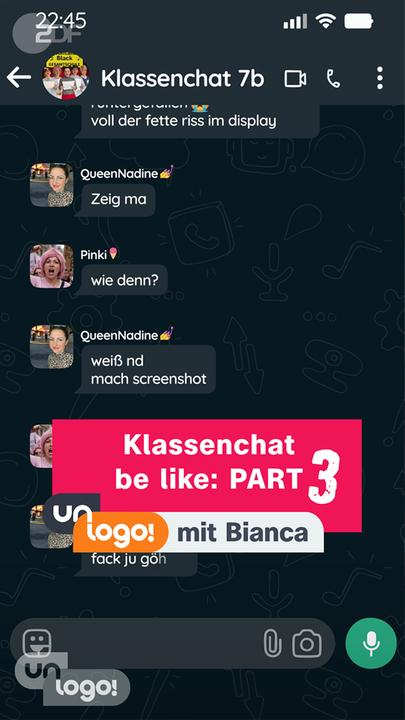 Grafik: Klassenchat auf handy, darauf Schrift "unlogo!: Klassenchat be like Part 3"