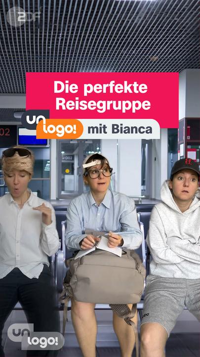 Grafik: 3 Personen, darauf Schrift "unlogo!: Die perfekte Reisegruppe"