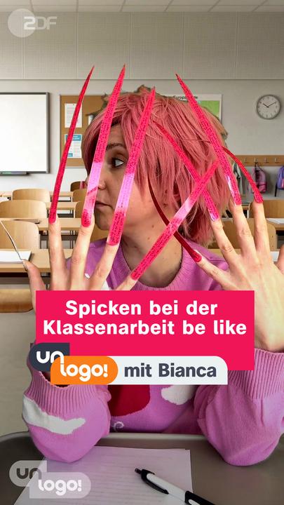 Mädchen mit pinken Haaren und langen Fingernägeln und der Text: Spicken bei der Klassenarbeit be like
