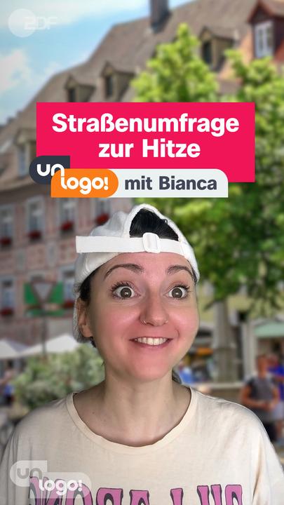 Person mit weißer Kappe und hellem T-Shirt vor einem unscharfen Stadtplatz-Hintergrund. Darüber Texteinblendung „Straßenumfrage zur Hitze mit Bianca“.