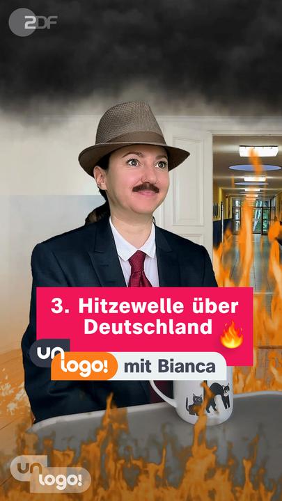 Eine als Mann verkleidete Frau sitzt mit Hut und Schnurrbad auf einen Stuhl. Daneben ist ein Feuer mit Rauch, darüber steht: 3. Hitzewelle über Deutschland. Unlogo mit Bianca.