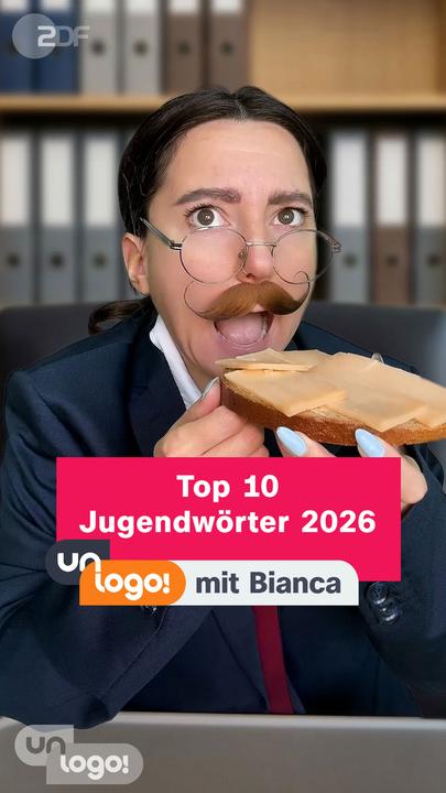 Host Bianca sitzt am Tisch und beißt in Brot, darüber Schrift "Top 10 Jugendwörter 2026"