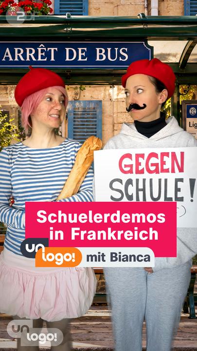 Grafik: Zwei Personen mit Baguette und Plakat, darüber die Schrift: "unlogo!: Schülerdemos in Frankreich"