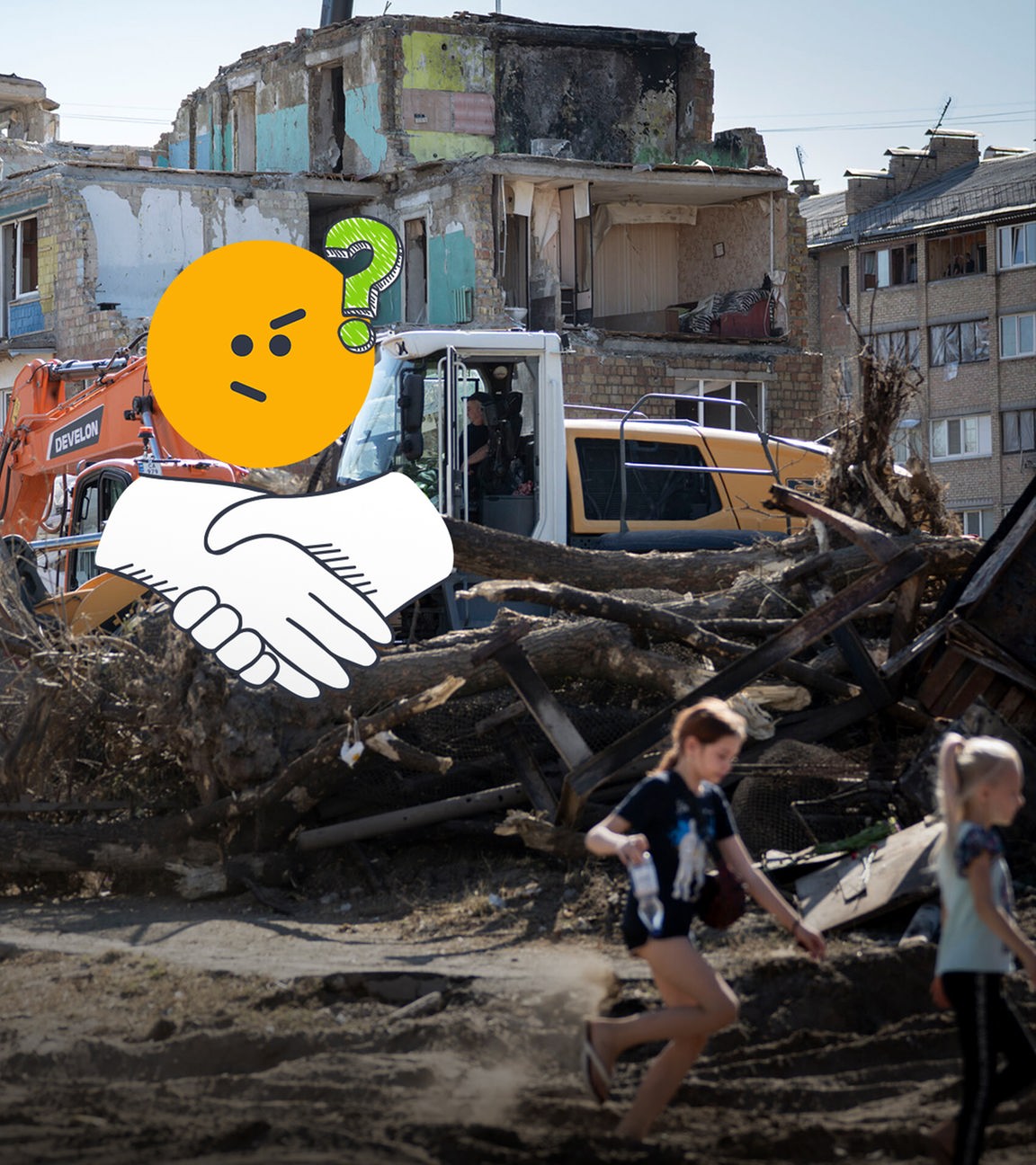 Im hintergrund Bild der Zerstörung in Kiew, darüber Grafiken: zweifelnd schauendes Emoji, daneben Fragezeichen und Händeschütteln