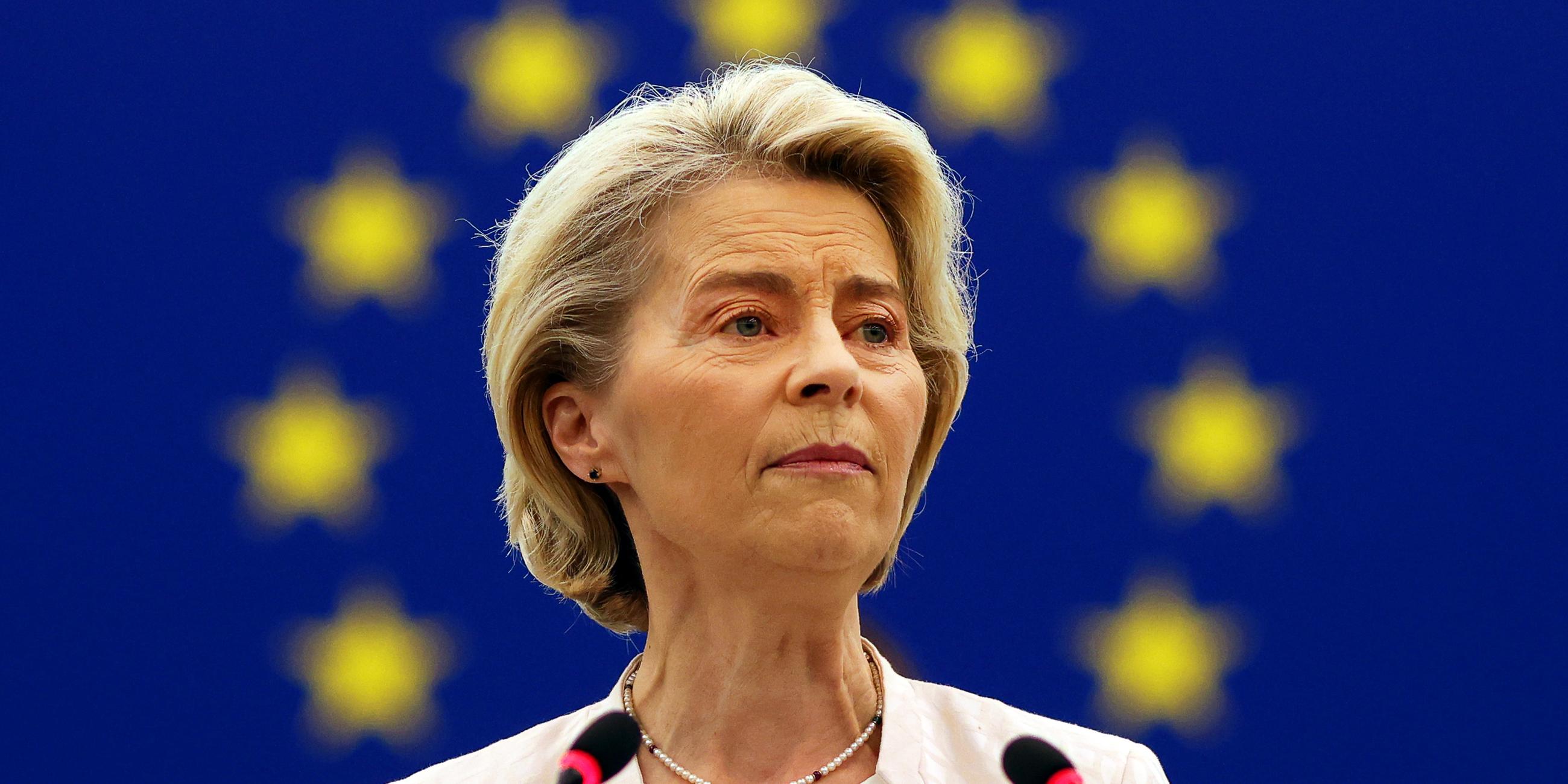 Ursula von der Leyen (CDU), amtierende Präsidentin der Europäischen Kommission, spricht während der Plenarsitzung des Europäischen Parlaments. 