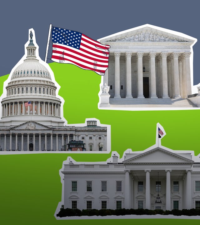 Collage: Grüner und blauer Hintergrund, davor das Weiße Haus, das Kapitol und der Supreme Court mit einer USA-Flagge