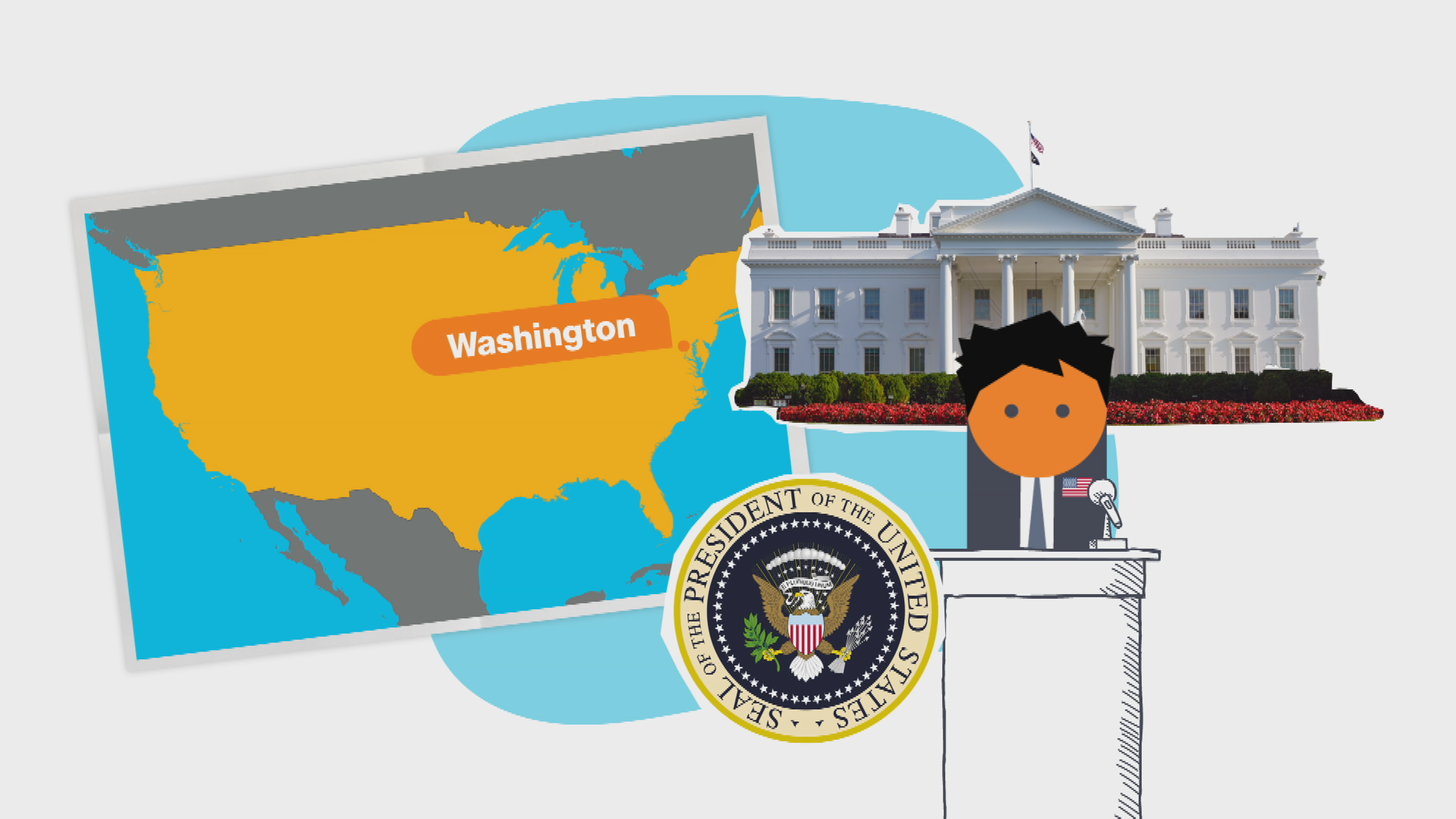 Das Land USA auf einer Karte, daneben das Weiße Haus und der US-Präsident an einem Rednerpult als Zeichnung