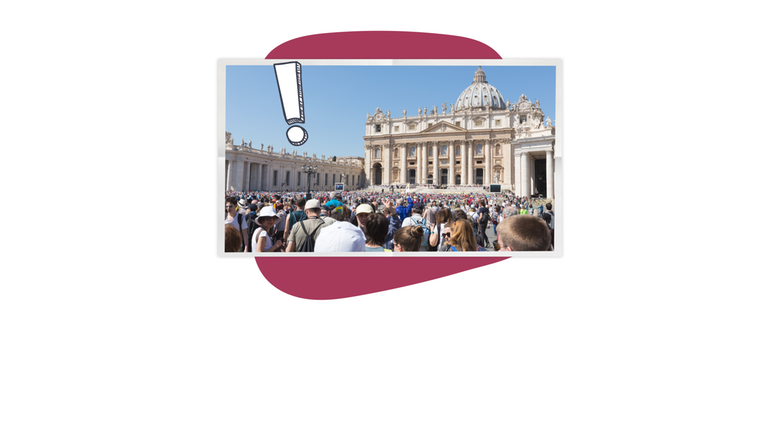 Menschenmenge steht vor Vatikan, darüber Ausrufezeichen