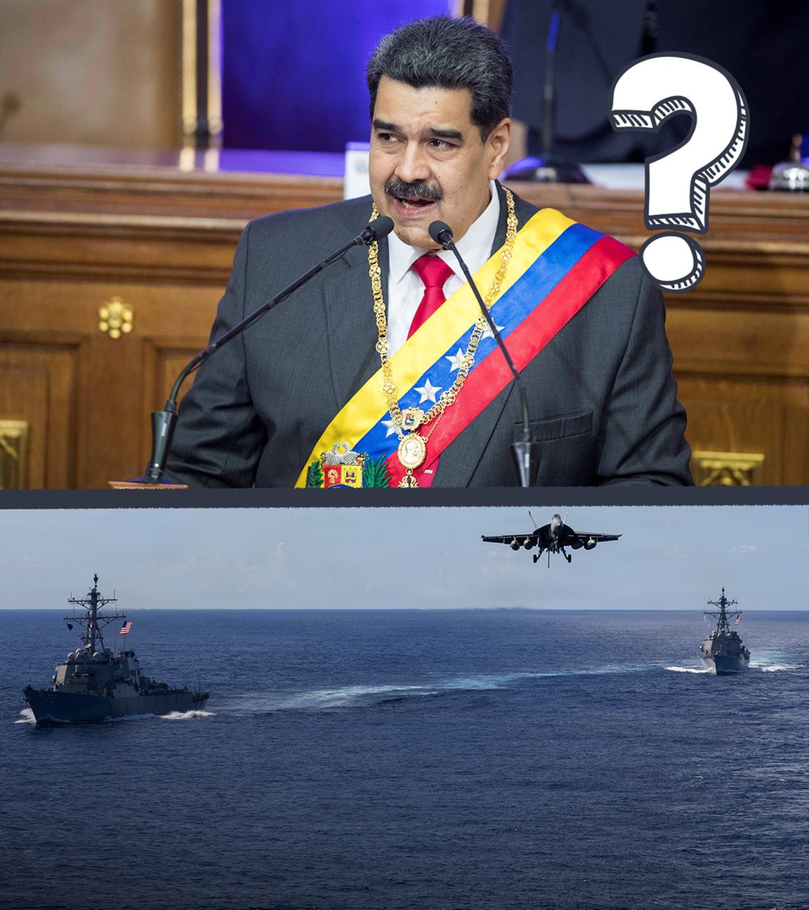Der Präsident von Venezuela Maduro und ein Militärflugzeug und Militärschiff.