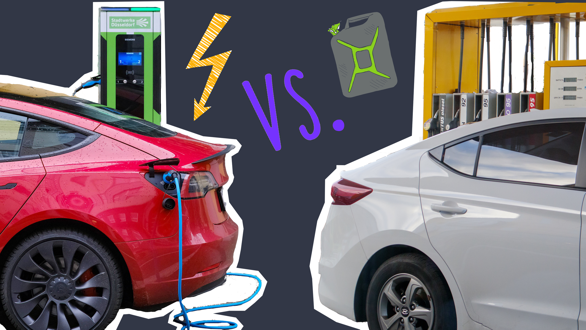 Elektroauto beim Laden und Verbrenner-Auto beim Tanken, dazu Stromblitz, Benzinkanister und ein "vs."