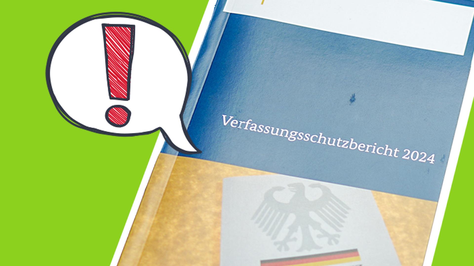 Collage: Bericht auf grünem Hintergrund, daneben Sprechblase mit roten Ausrufezeichen