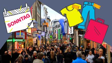 Einkaufsstraße, dazu Grafik von Klamotten, Einkaufstasche und Kalender mit Sonntag