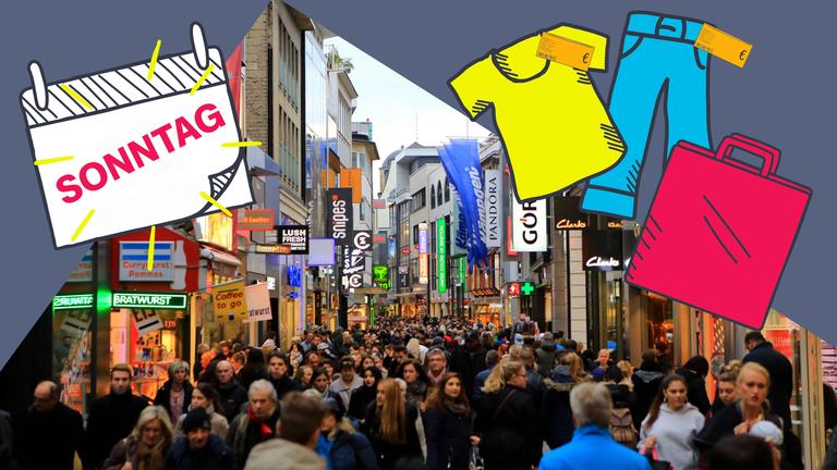 Einkaufsstraße, dazu Grafik von Klamotten, Einkaufstasche und Kalender mit Sonntag