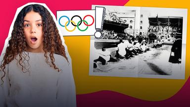 Grafik: Erschrockenes Mädchen, daneben olympische Ringe mit Ausrufezeichen, daneben Archivbild Tauziehen bei Olympia