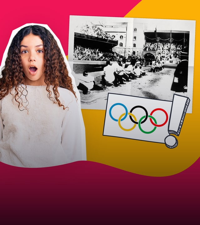 Grafik: Erschrockenes Mädchen, daneben olympische Ringe mit Ausrufezeichen, daneben Archivbild Tauziehen bei Olympia