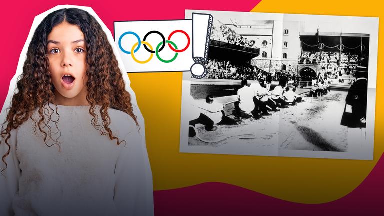 Grafik: Erschrockenes Mädchen, daneben olympische Ringe mit Ausrufezeichen, daneben Archivbild Tauziehen bei Olympia