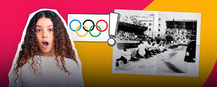 Grafik: Erschrockenes Mädchen, daneben olympische Ringe mit Ausrufezeichen, daneben Archivbild Tauziehen bei Olympia