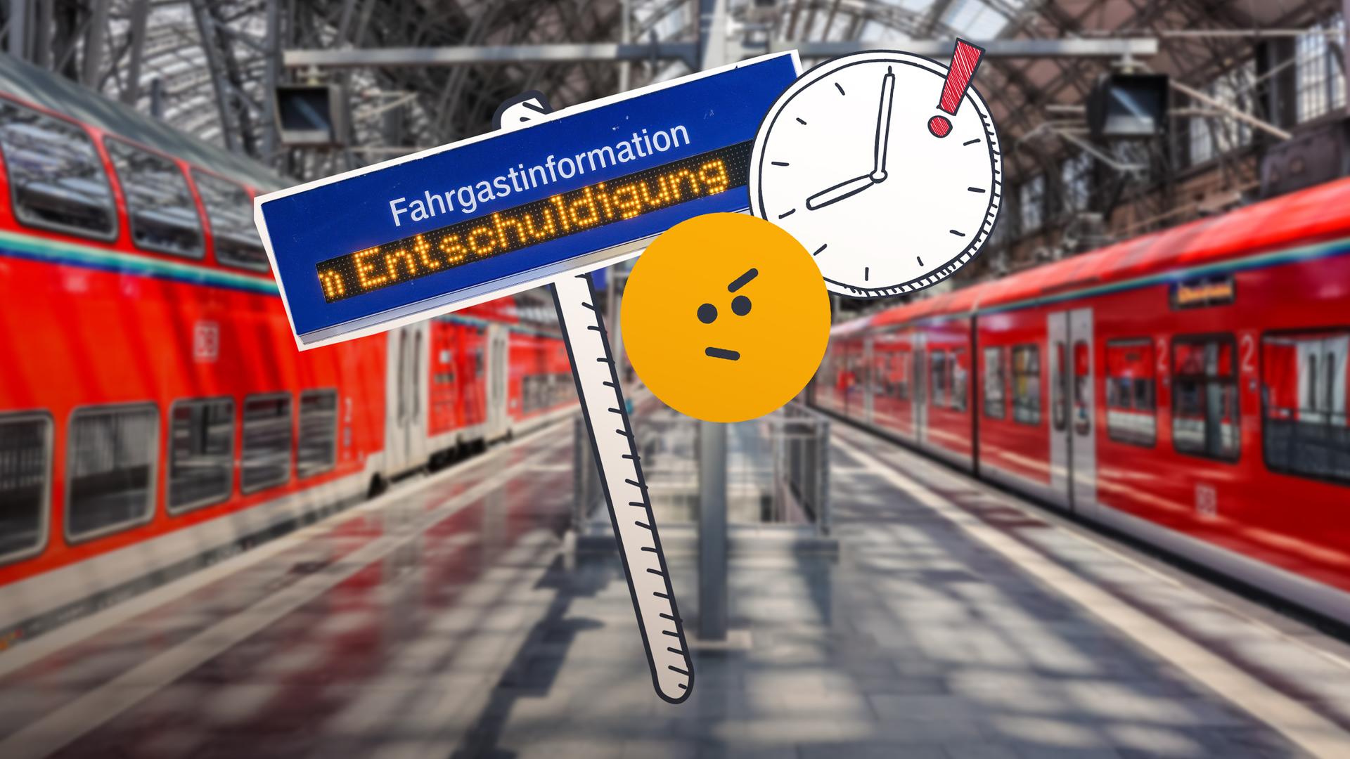 Ein Bahnhof im Hintergrund, im Vordergrund ein Schild mit dem Text "Entschuldigung" und daneben eine Uhr. 