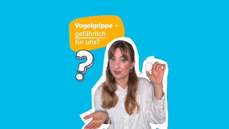 In einer gelben Bubble steht: Vogelgrippe - gefährlich auch für uns? Darunter ein Fragezeichen und eine Frau, die ein Ei in der Hand hält