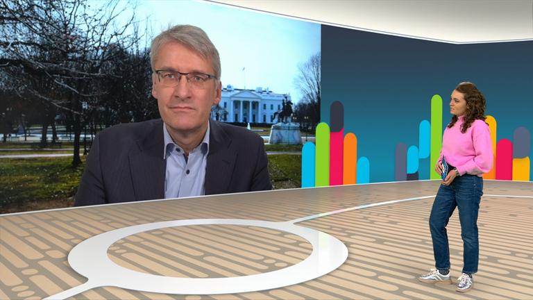  Elmar Thevesen ist auf einem Bildschirm im logo!-Studio Moderatorin Lotte zugeschaltet. 