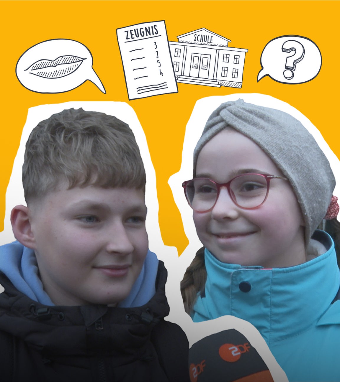 Zwei Kinder, dazwischen grafische Schule und Zeugnis und Sprechblasen