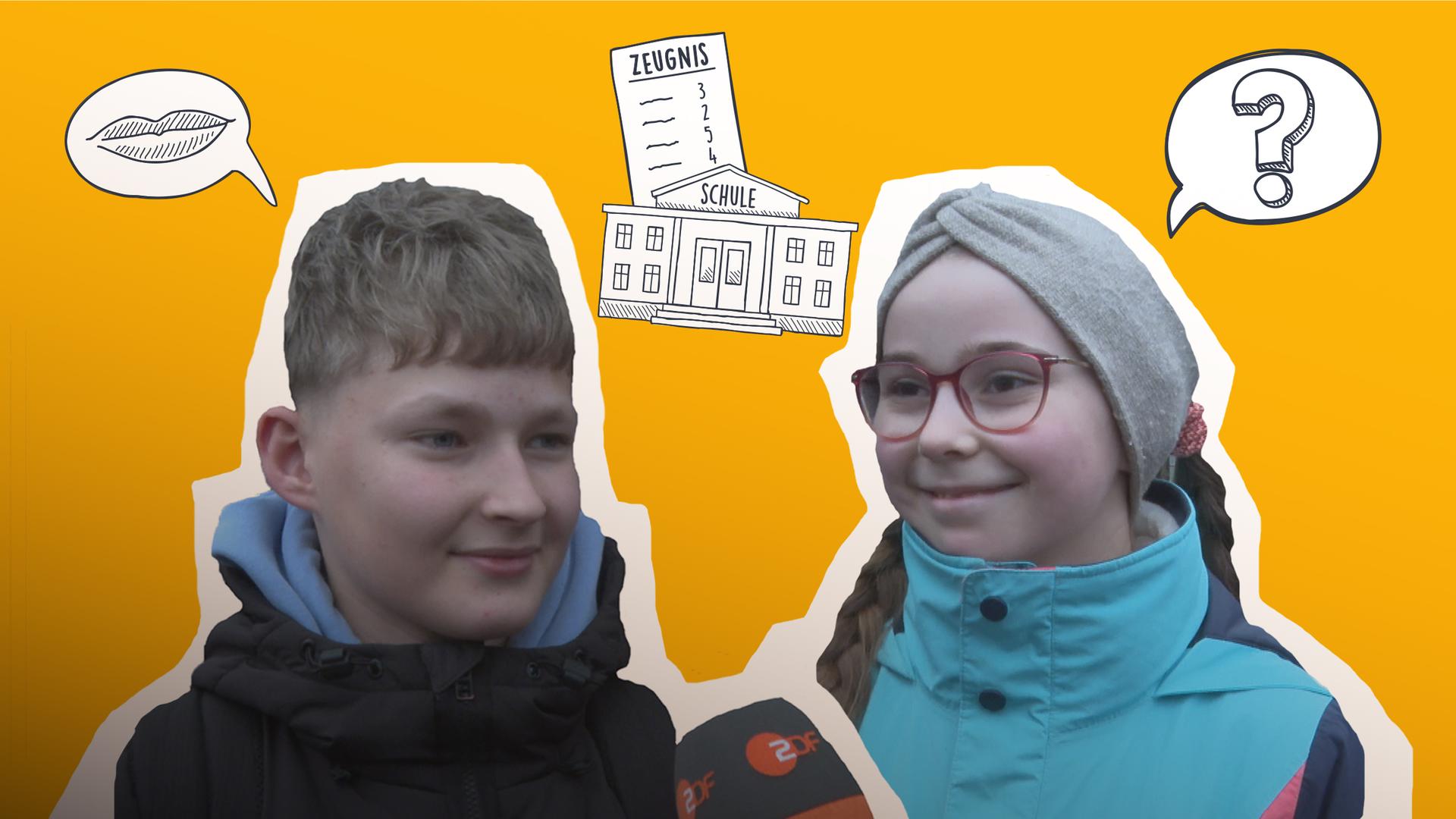 Zwei Kinder, dazwischen grafische Schule und Zeugnis und Sprechblasen