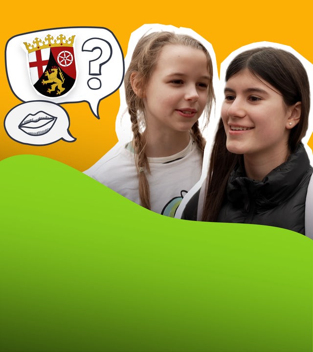 Jugendliche bei einer Umfrage, sowie das Wappen von Rheinlandpfalz und ein Fragezeichen