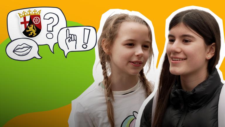 Jugendliche bei einer Umfrage, sowie das Wappen von Rheinlandpfalz und ein Fragezeichen
