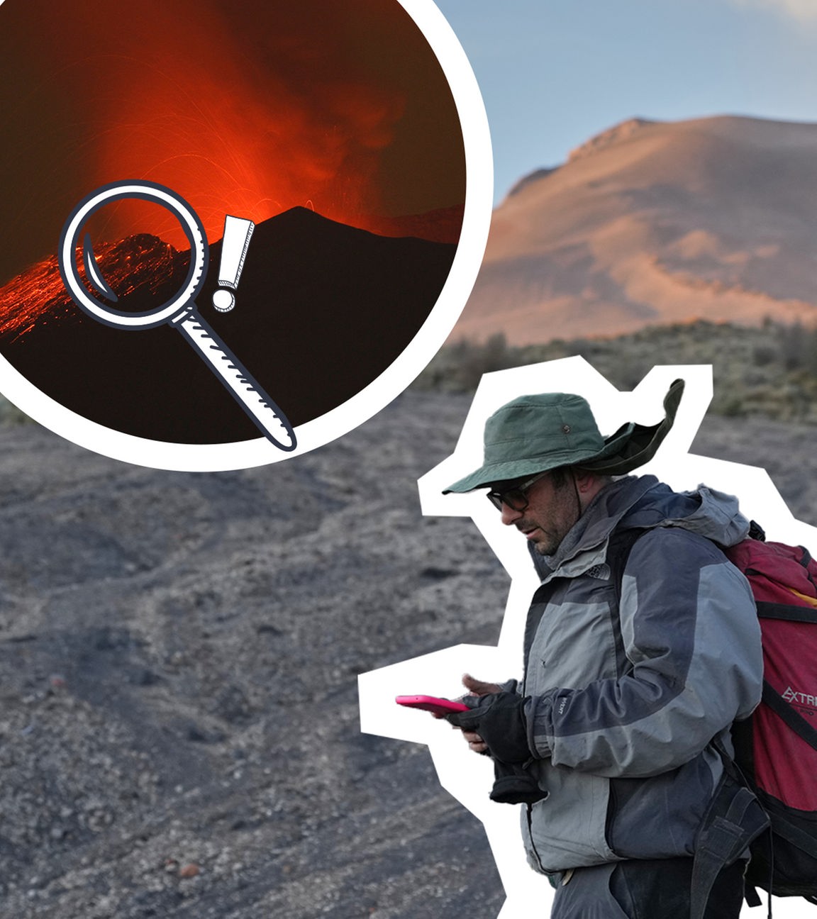 Zwei Fotos zeigen im Hintergrund einen Vulkan mit Rauchwolke und mehreren Forschern, daneben in einem Kreis ist ein ausbrechender Vulkan bei Nacht zu sehen. Darüber eine Lupe und ein Ausrufezeichen.