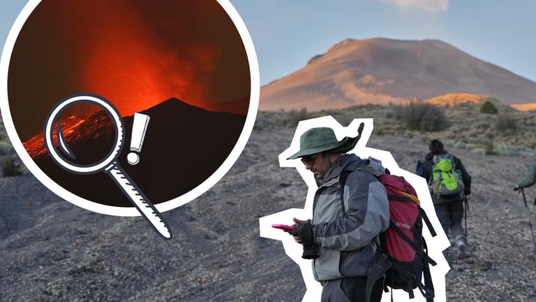 Zwei Fotos zeigen im Hintergrund einen Vulkan mit Rauchwolke und mehreren Forschern, daneben in einem Kreis ist ein ausbrechender Vulkan bei Nacht zu sehen. Darüber eine Lupe und ein Ausrufezeichen.