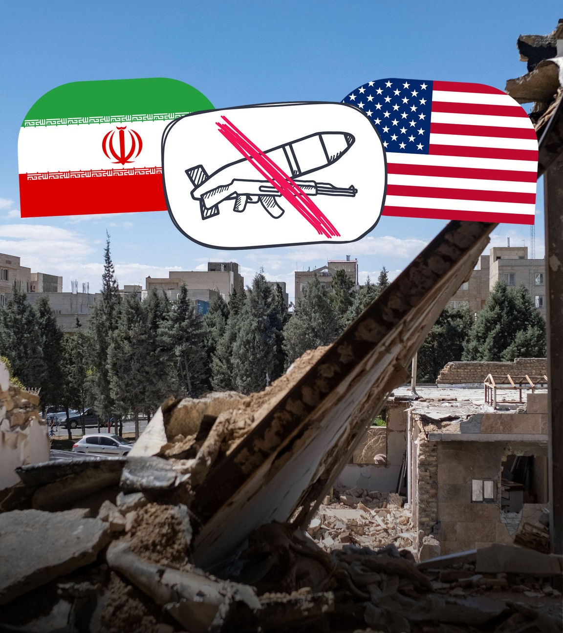 Plötzlich Waffenruhe?! Flaggen USA und Iran, durchgestrichene Rakete