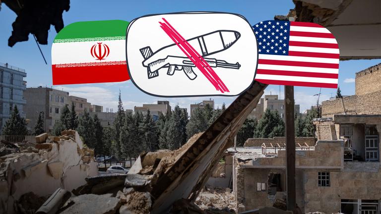 Plötzlich Waffenruhe?! Flaggen USA und Iran, durchgestrichene Rakete