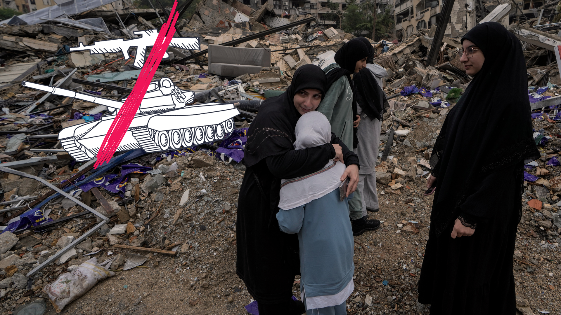 Eine Frau umarmt ihre weinende Tochter, während vertriebene Bewohner nach Inkrafttreten einer Waffenruhe zwischen Israel und der Hisbollah zurückkehren, dazu Grafik mit durchgestrichenen Waffen.