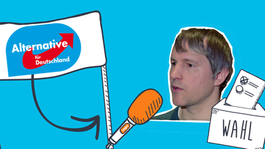 Wahlplakat AfD, Mikrofon, Politikexperte Carsten Koschmieder