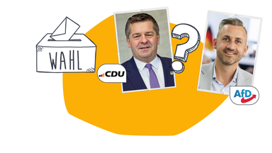 Bilder der beiden Spitzenkandidaten der Landtagswahl in Sachsenanhalt, dazu ein Fragezeichen und eine Wahlurne