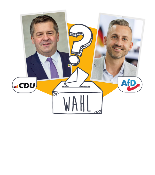 Bilder der beiden Spitzenkandidaten der Landtagswahl in Sachsenanhalt, dazu ein Fragezeichen und eine Wahlurne