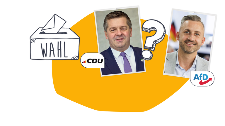 Bilder der beiden Spitzenkandidaten der Landtagswahl in Sachsenanhalt, dazu ein Fragezeichen und eine Wahlurne