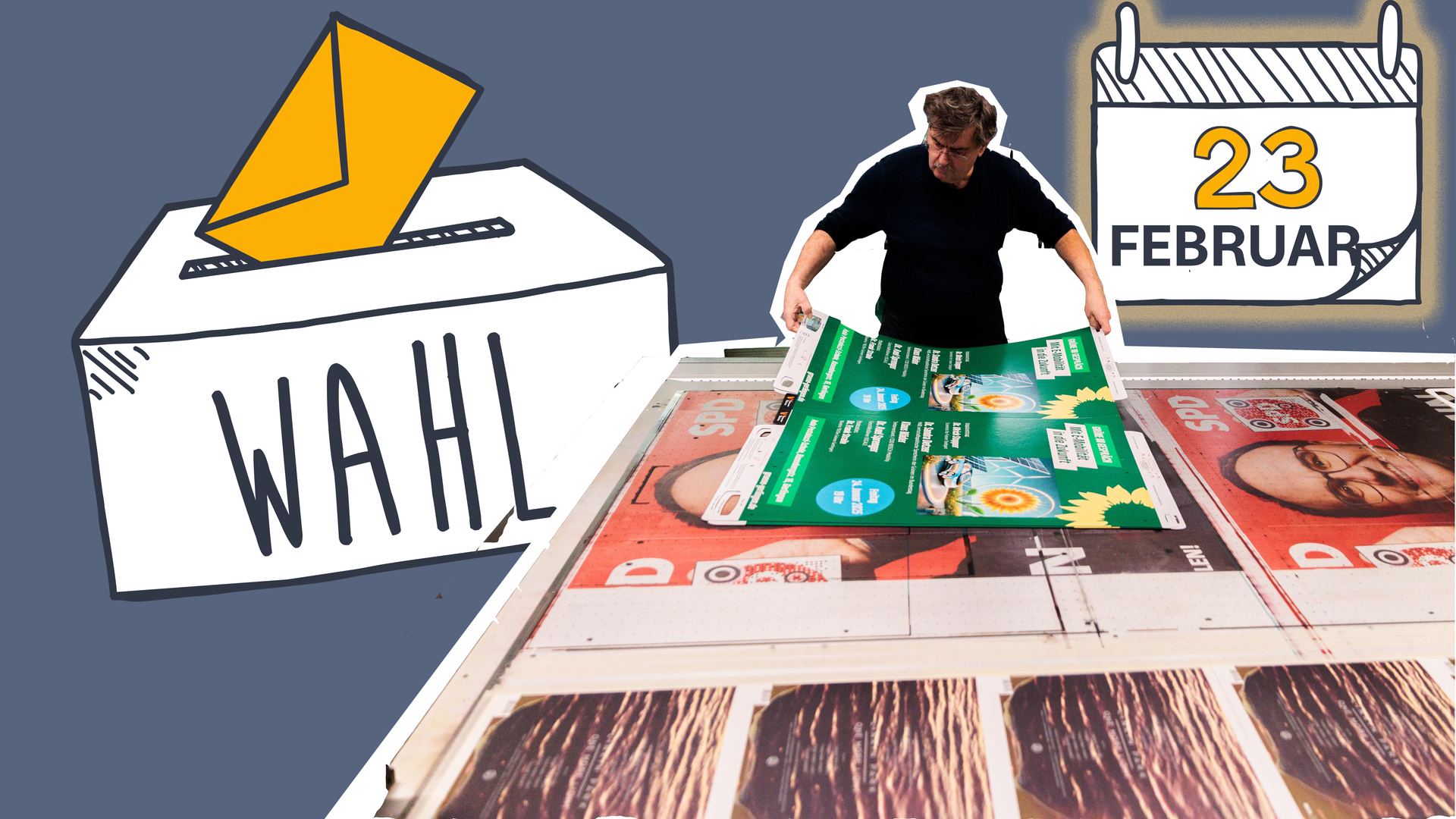 Druckerei druckt Wahlplakate, Grafik zu Wahlurne und Kalender mit Wahldatum.