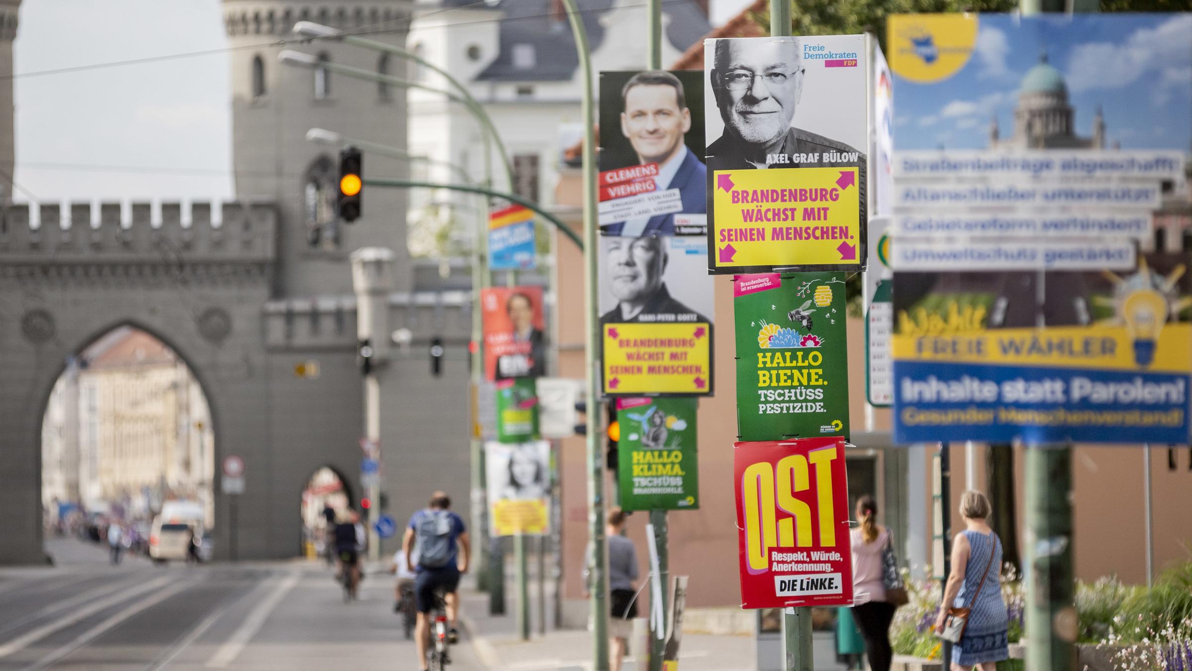 Wahlplakate zur Landtagswahl in Brandenburg hängen vor dem Nauener Tor entlang der Friedrich-Ebert-Straße in Potsdam am 10.08.2019