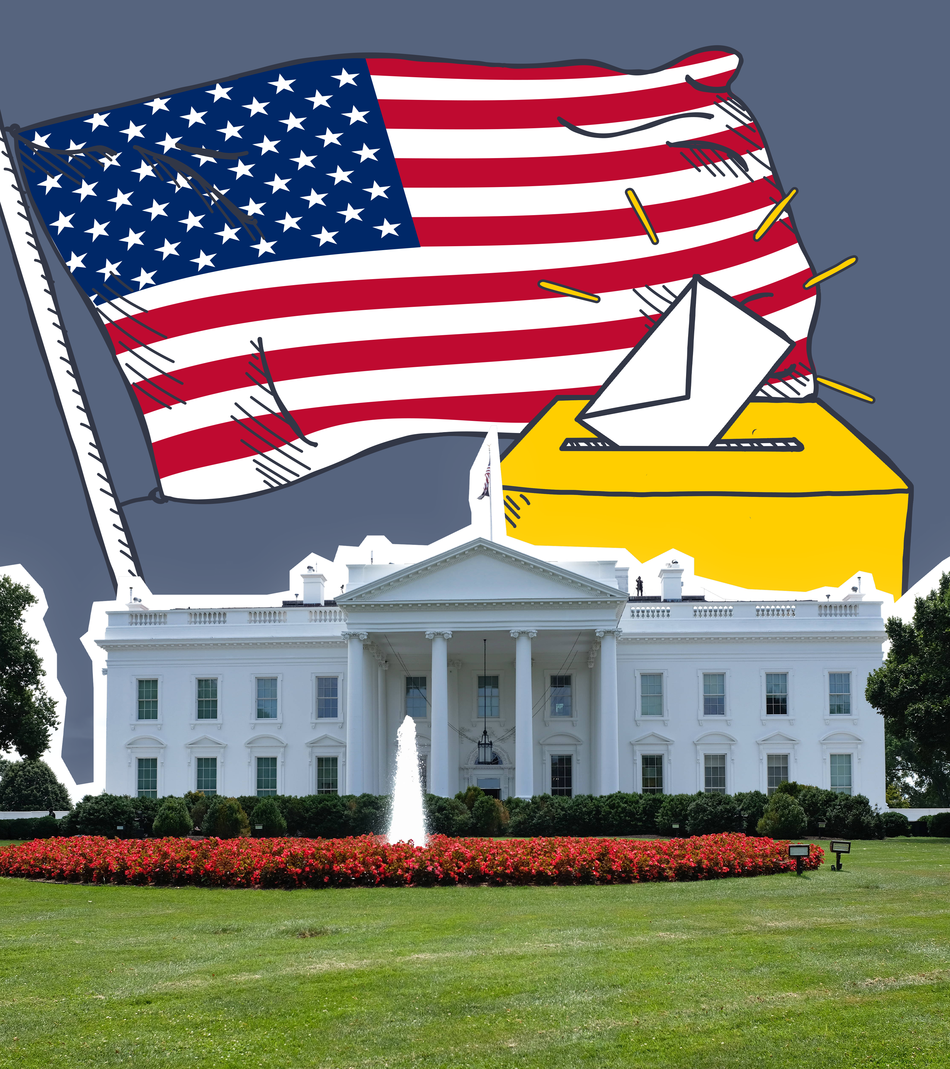 Weißes Haus, amerikanische Flagge und Wahlurne