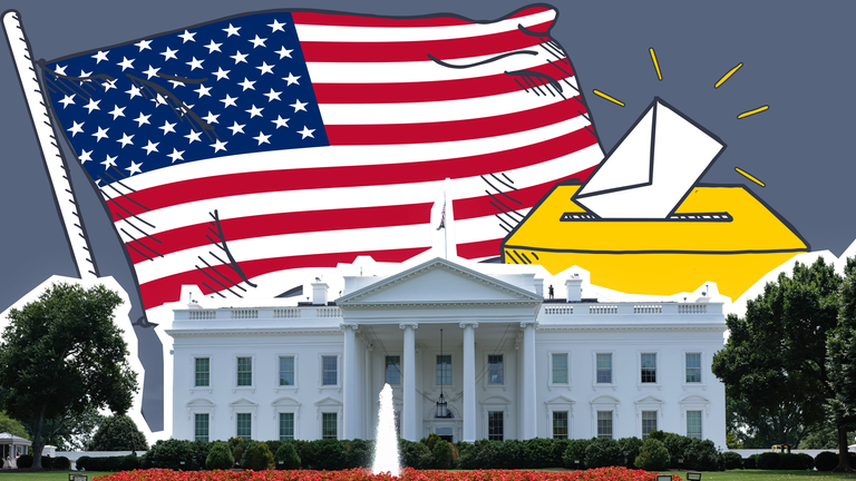 Weißes Haus, amerikanische Flagge und Wahlurne