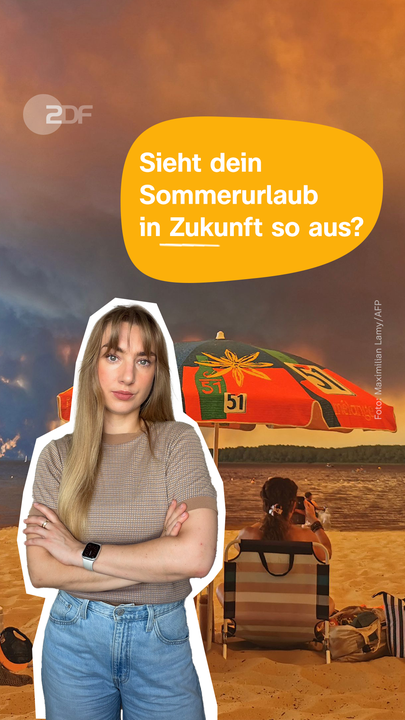 Host Johanna als Cutout vor Strandfoto mit Waldbrand im Hintergrund