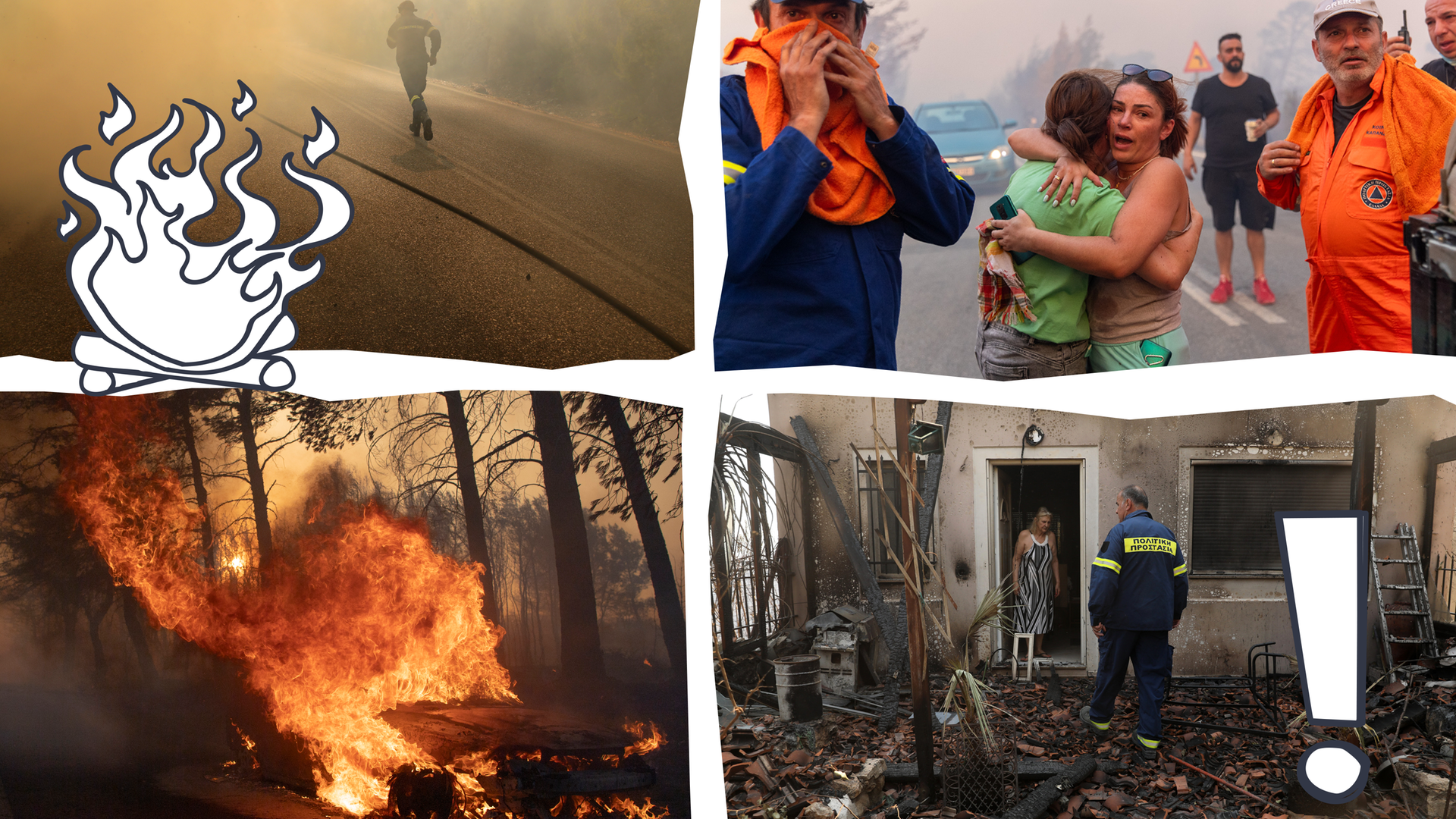 Vier Fotos: Rauch, Menschen die sich in den Arm nehmen, Feuer, und ein ausgebranntes Haus