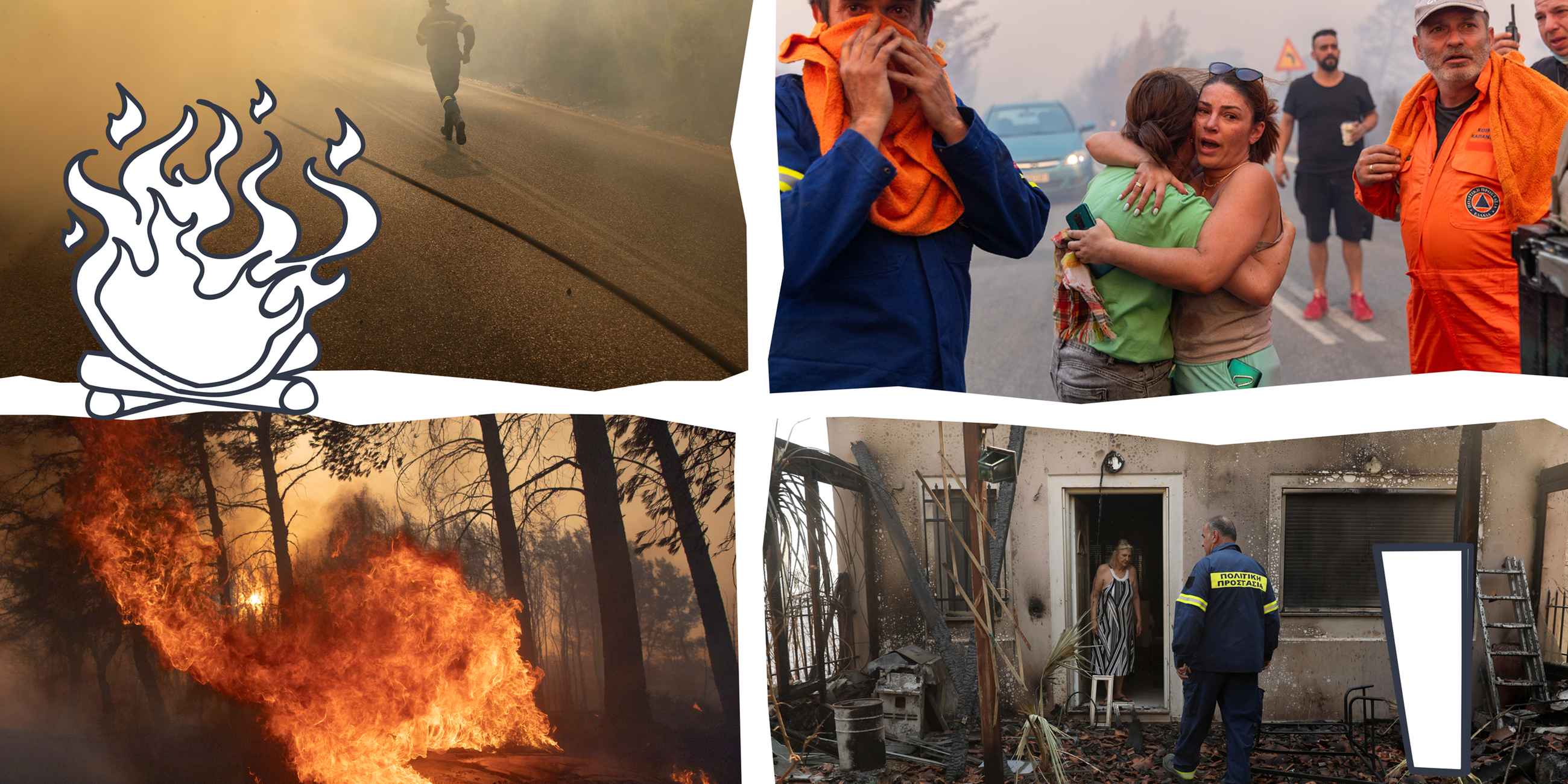 Vier Fotos: Rauch, Menschen die sich in den Arm nehmen, Feuer, und ein ausgebranntes Haus