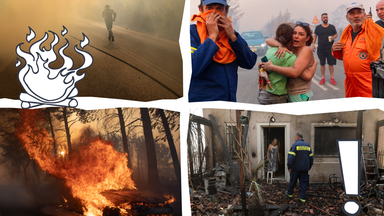 Vier Fotos: Rauch, Menschen die sich in den Arm nehmen, Feuer, und ein ausgebranntes Haus